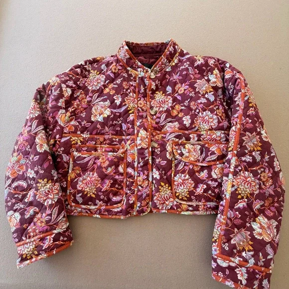 7 For All Mankind Quilted Floral Bomber Cropped Jacket in Burgundy - size M - Picture 1 of 8
